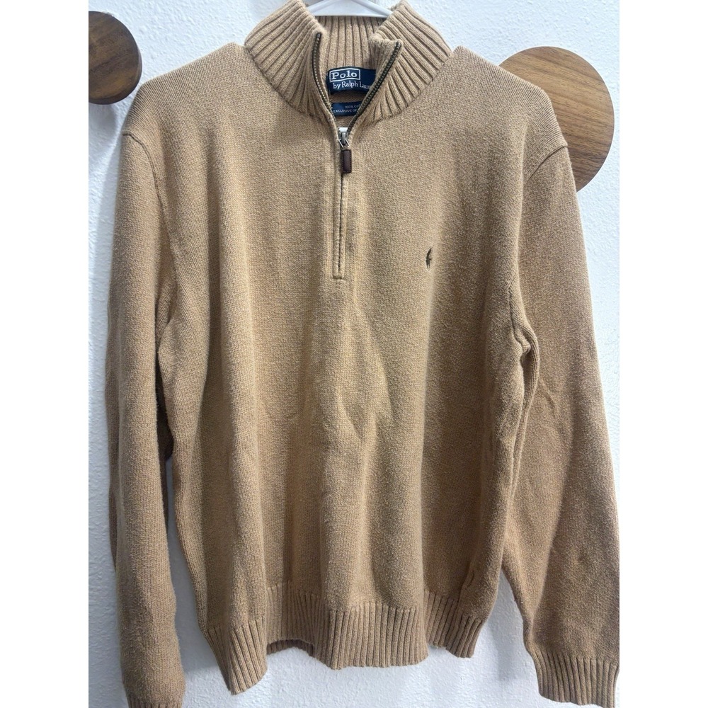 Vintage Polo Ralph Lauren 1/4 Zip Sweater Mens L Camel Knitted Cotton 90s Y2K